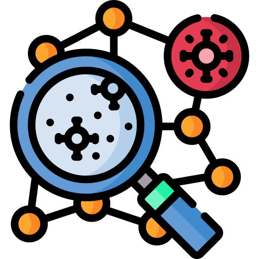 A magnifying glass examining virus-like particles, representing epidemiological research, disease detection, and microscopic analysis.