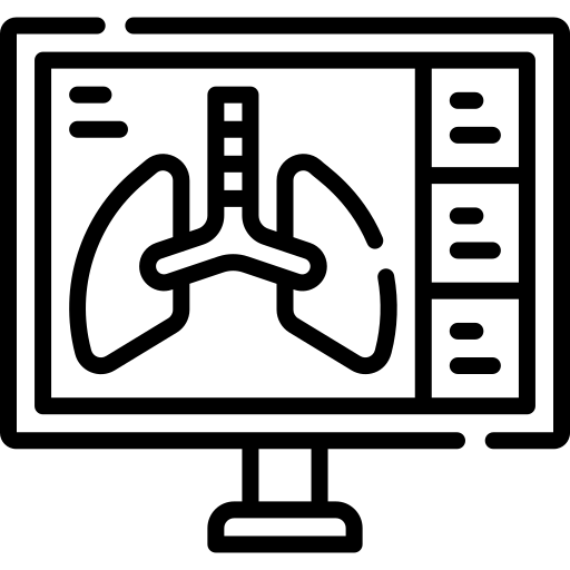 X-ray scan with skeletal imaging elements on a dark background, representing medical imaging or radiology.