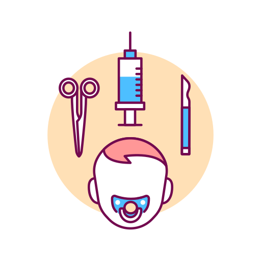 Illustration of syringe and surgical tools related to infants.