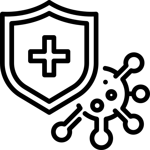 Shield with a medical cross symbol beside a stylised virus icon, representing disease prevention and protection.